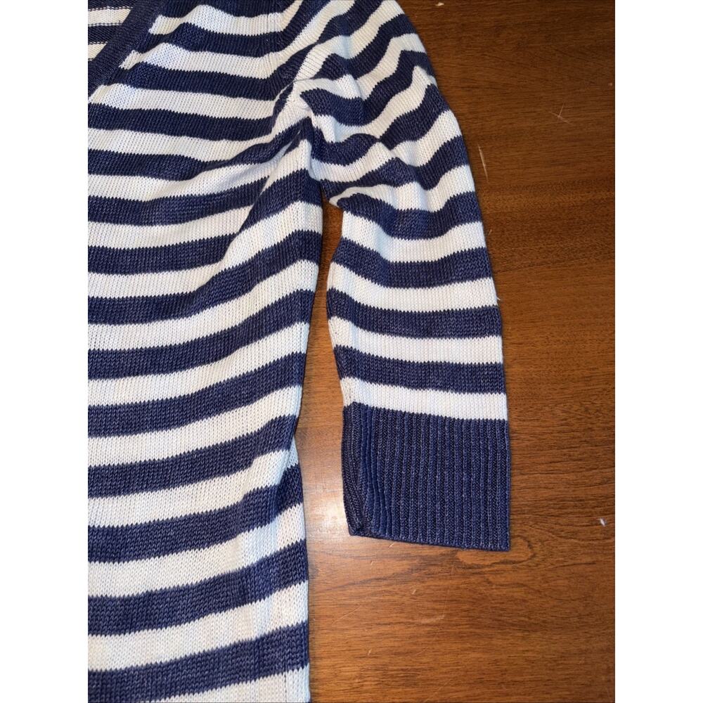 Talbots Linen Cardigan Womens Med Blue White Stripe Button Nautical 3/4 Sleeve - Picture 5 of 7
